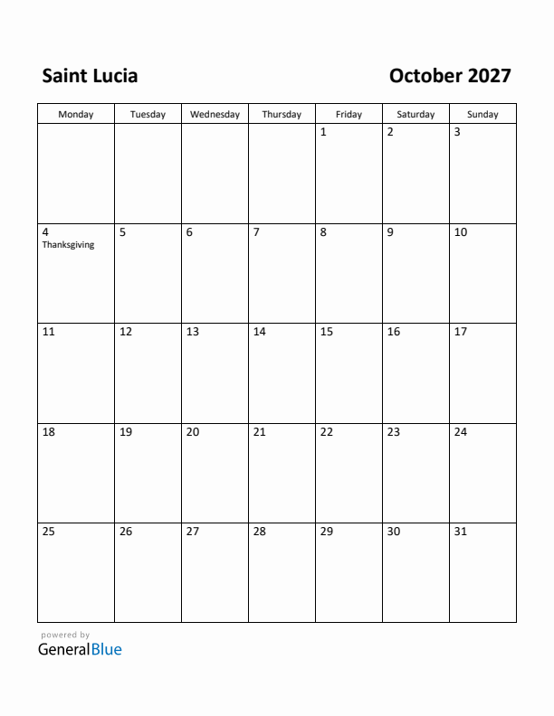 October 2027 Calendar with Saint Lucia Holidays