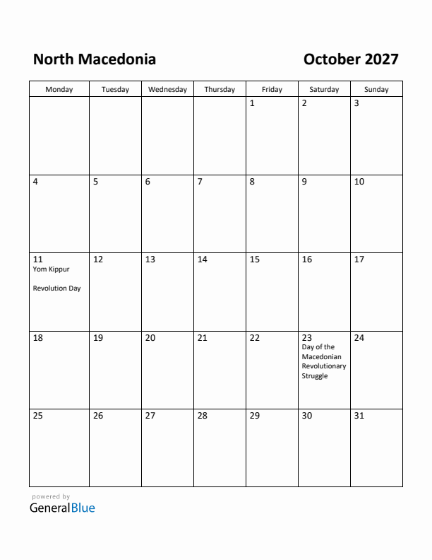 October 2027 Calendar with North Macedonia Holidays