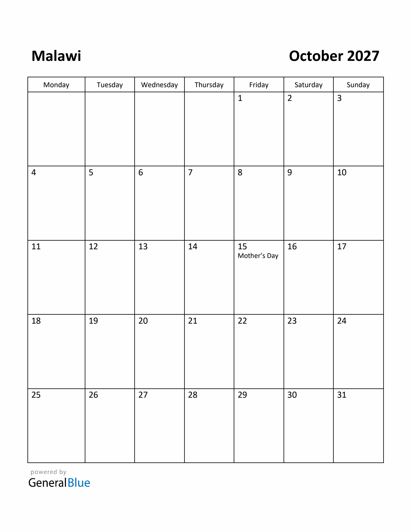 October 2027 Calendar with Malawi Holidays