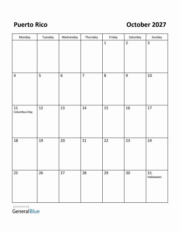 October 2027 Calendar with Puerto Rico Holidays