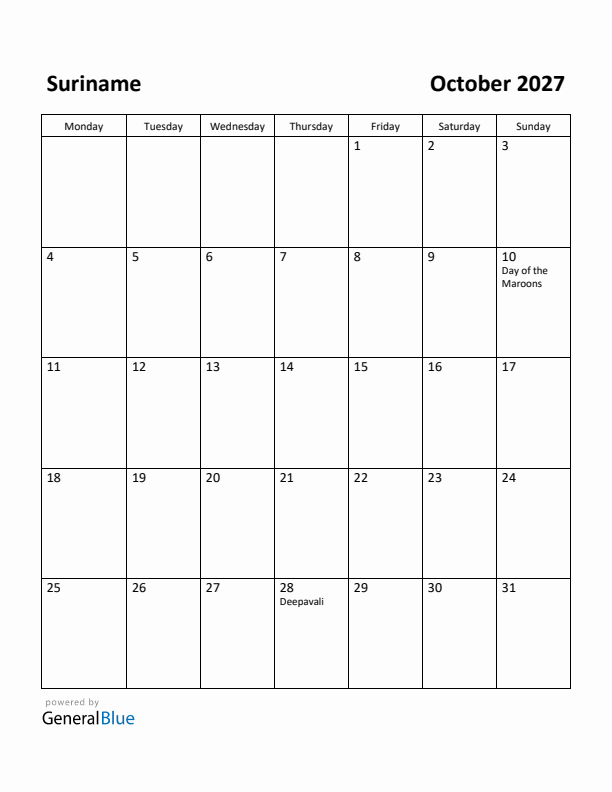 October 2027 Calendar with Suriname Holidays