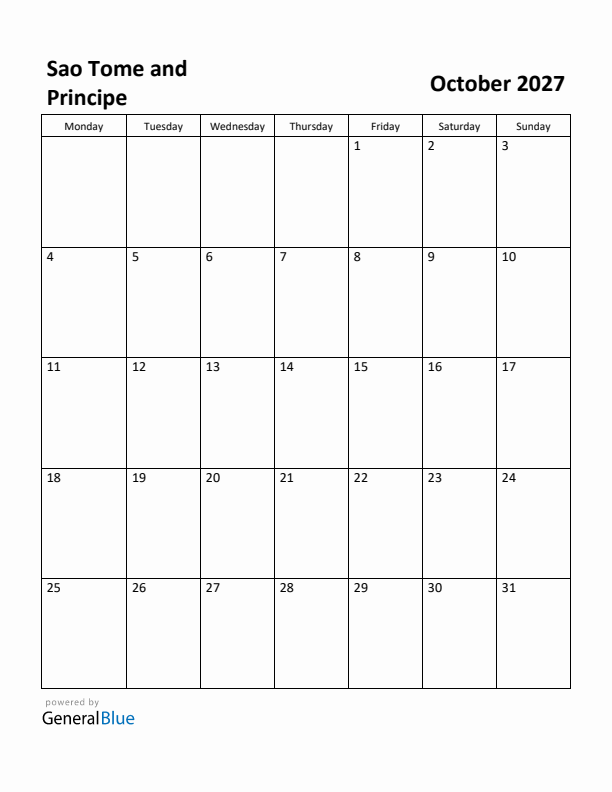 October 2027 Calendar with Sao Tome and Principe Holidays