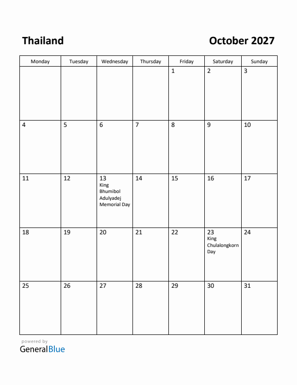 October 2027 Calendar with Thailand Holidays