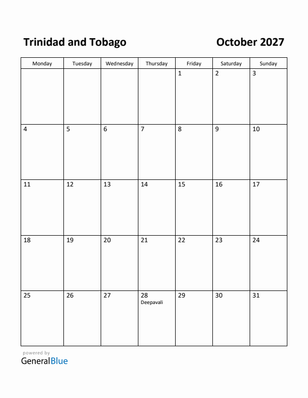 October 2027 Calendar with Trinidad and Tobago Holidays