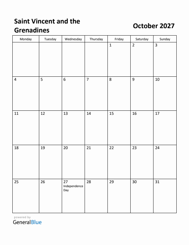 October 2027 Calendar with Saint Vincent and the Grenadines Holidays