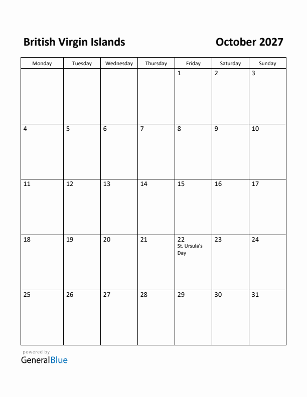 October 2027 Calendar with British Virgin Islands Holidays