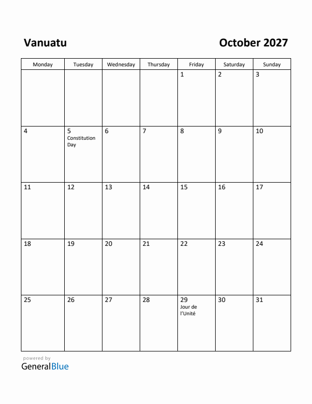 October 2027 Calendar with Vanuatu Holidays