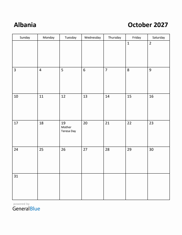 October 2027 Calendar with Albania Holidays