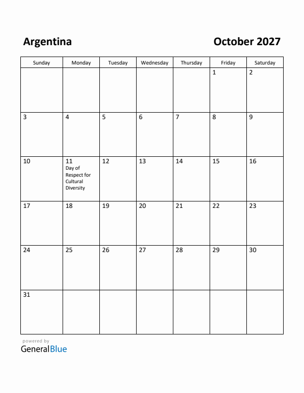 October 2027 Calendar with Argentina Holidays