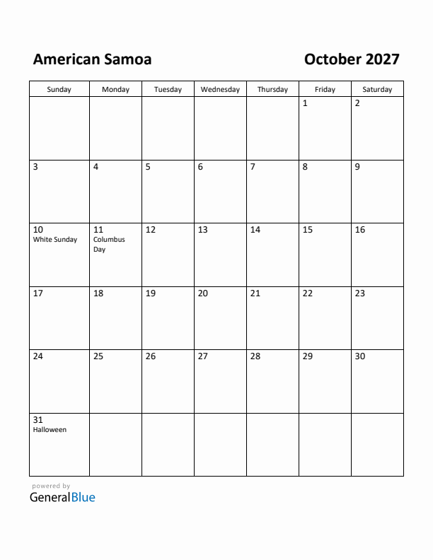 October 2027 Calendar with American Samoa Holidays