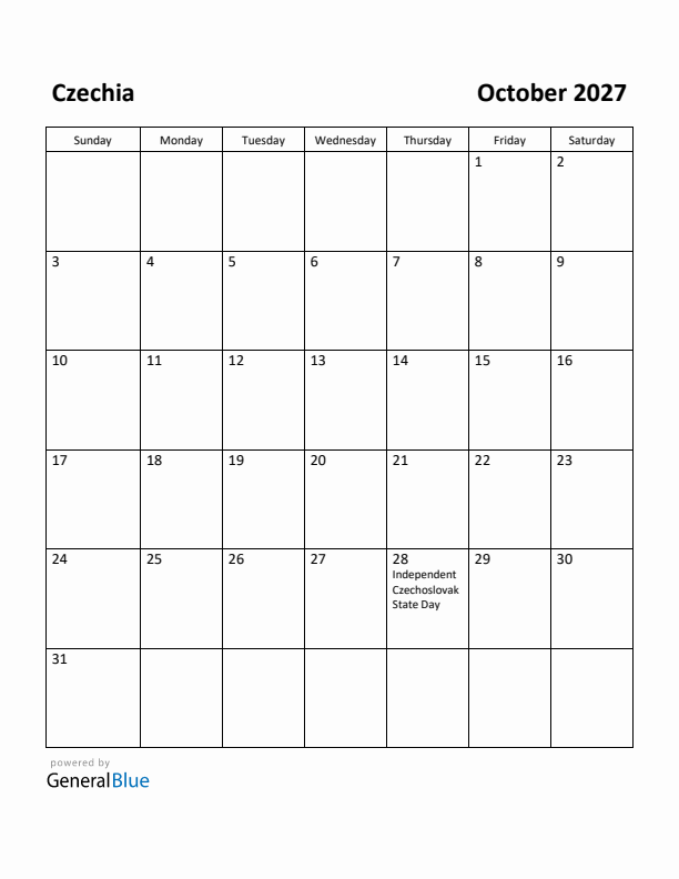 October 2027 Calendar with Czechia Holidays