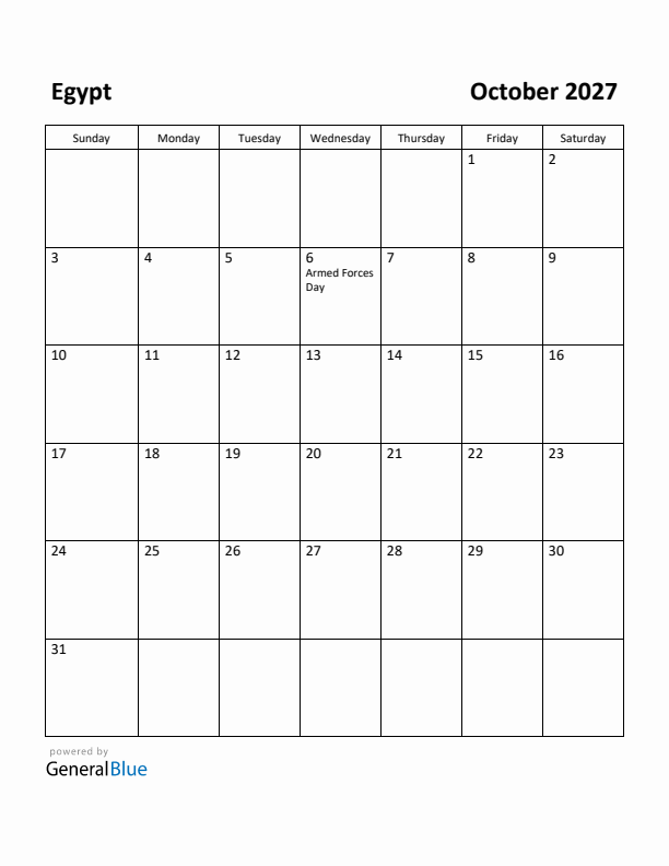 October 2027 Calendar with Egypt Holidays