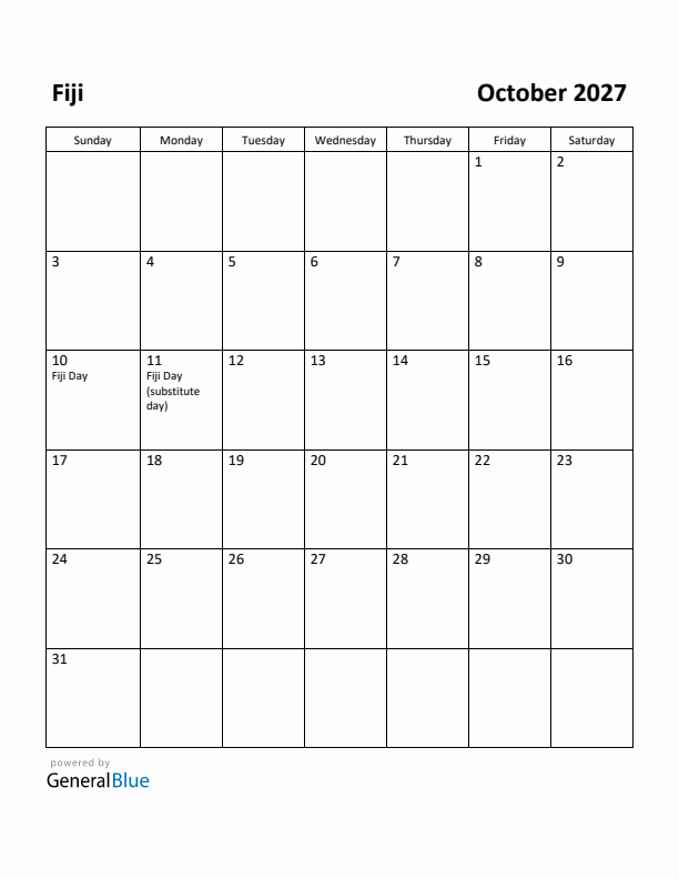October 2027 Calendar with Fiji Holidays