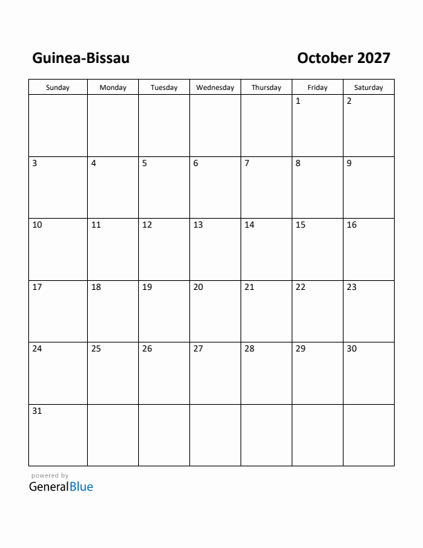 October 2027 Calendar with Guinea-Bissau Holidays
