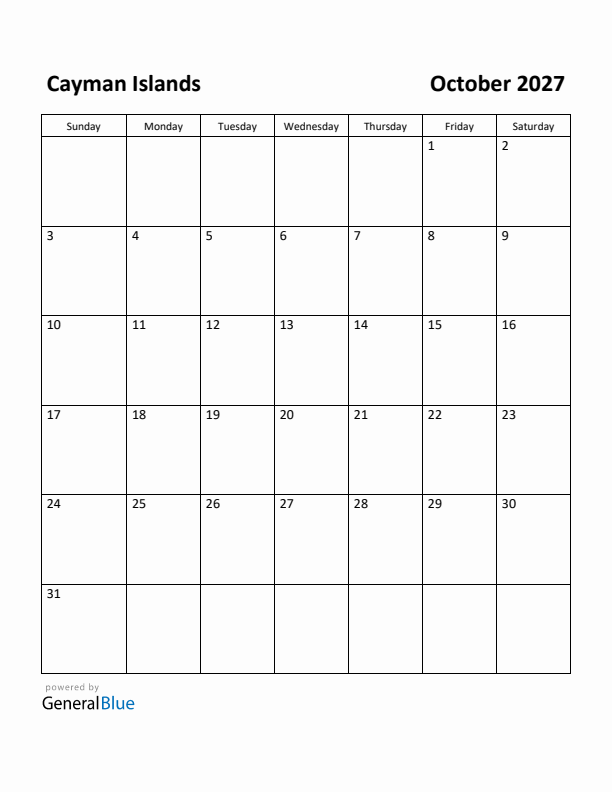 October 2027 Calendar with Cayman Islands Holidays
