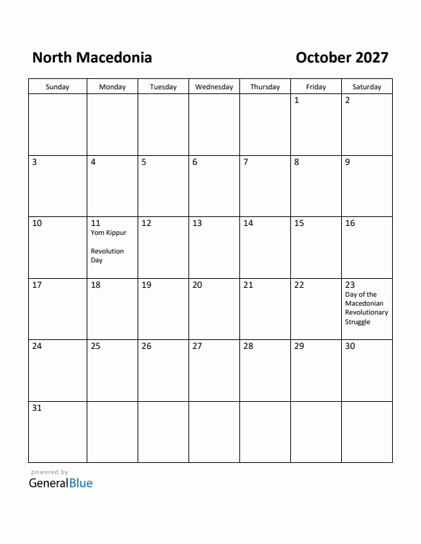 October 2027 Calendar with North Macedonia Holidays