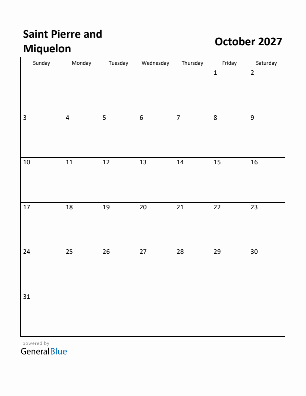 October 2027 Calendar with Saint Pierre and Miquelon Holidays