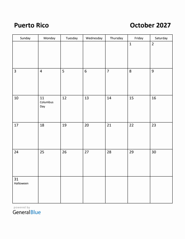 October 2027 Calendar with Puerto Rico Holidays