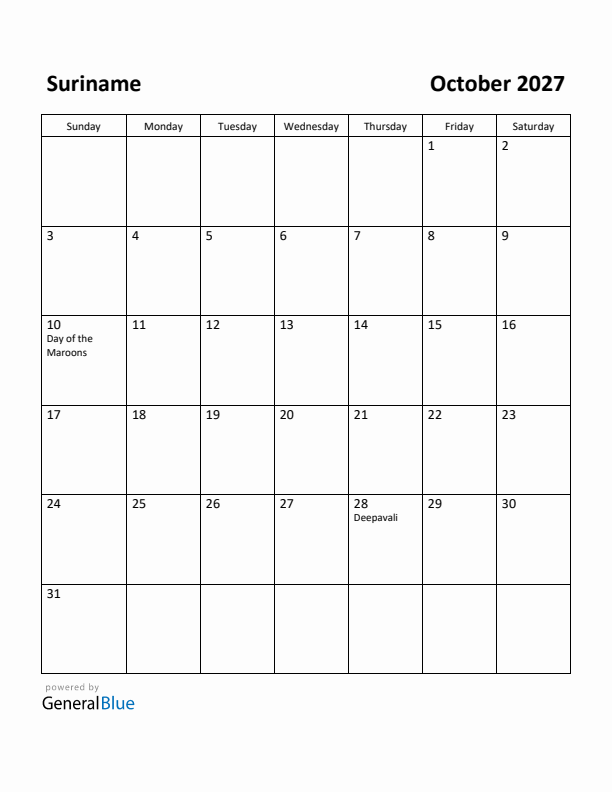 October 2027 Calendar with Suriname Holidays