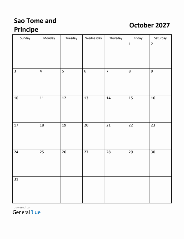 October 2027 Calendar with Sao Tome and Principe Holidays