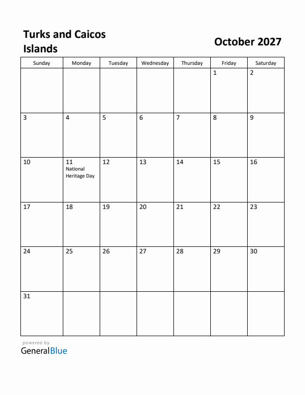 October 2027 Calendar with Turks and Caicos Islands Holidays