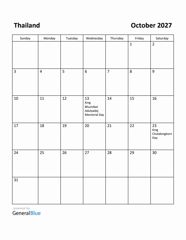 October 2027 Calendar with Thailand Holidays