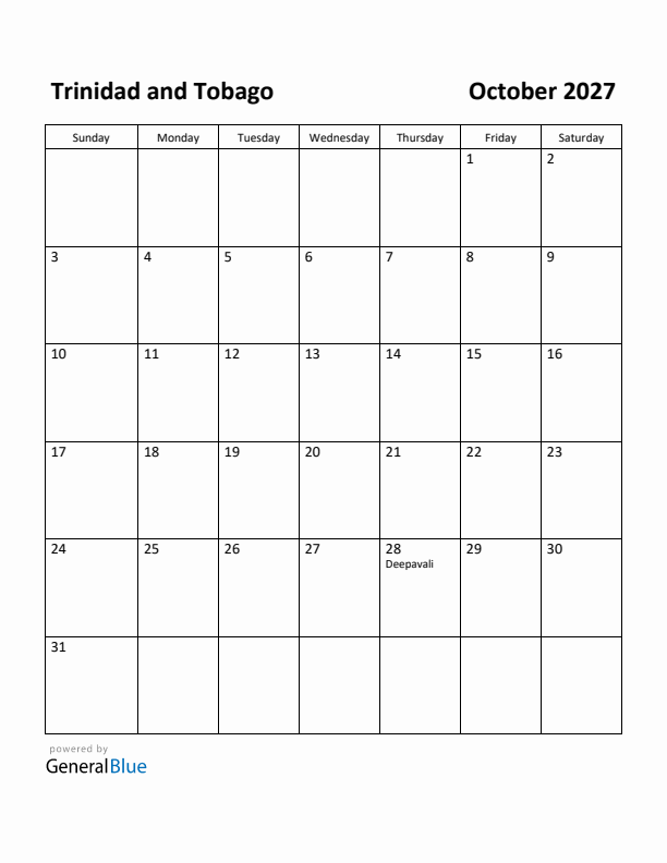 October 2027 Calendar with Trinidad and Tobago Holidays