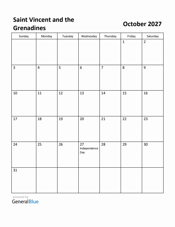 October 2027 Calendar with Saint Vincent and the Grenadines Holidays