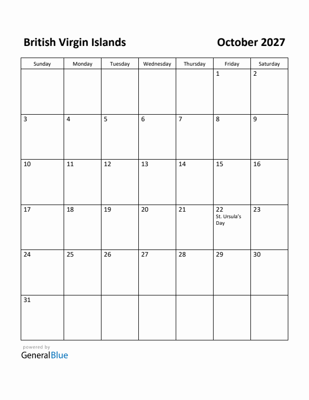 October 2027 Calendar with British Virgin Islands Holidays