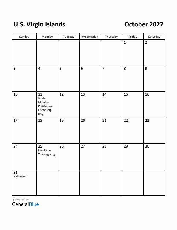 October 2027 Calendar with U.S. Virgin Islands Holidays