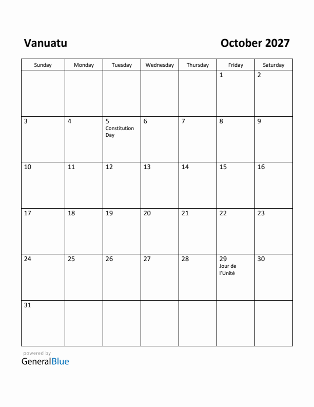 October 2027 Calendar with Vanuatu Holidays