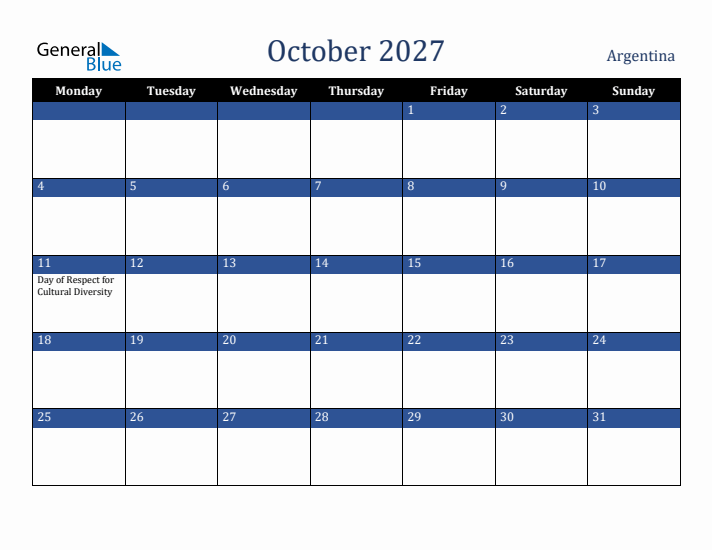 October 2027 Argentina Calendar (Monday Start)
