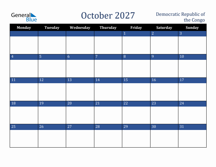 October 2027 Democratic Republic of the Congo Calendar (Monday Start)