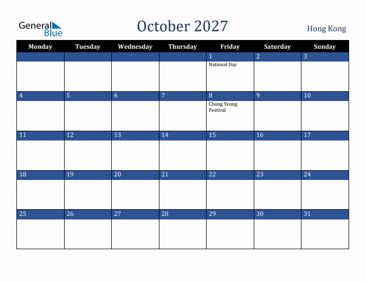 October 2027 Hong Kong Calendar (Monday Start)