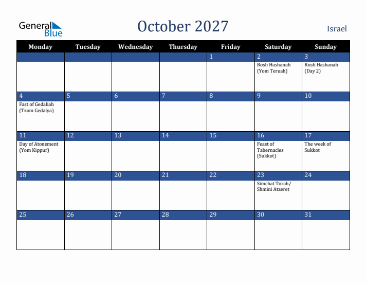 October 2027 Israel Calendar (Monday Start)