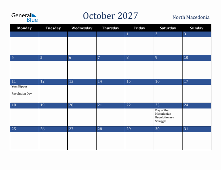 October 2027 North Macedonia Calendar (Monday Start)