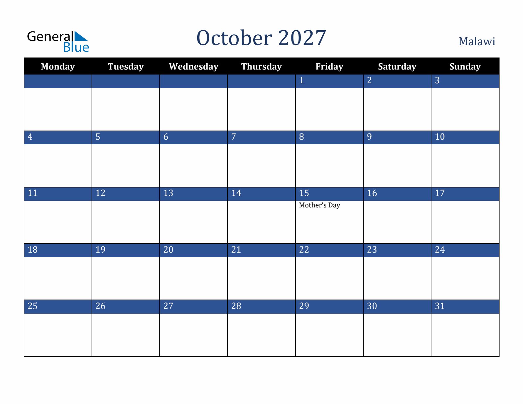 October 2027 Malawi Calendar (Monday Start)
