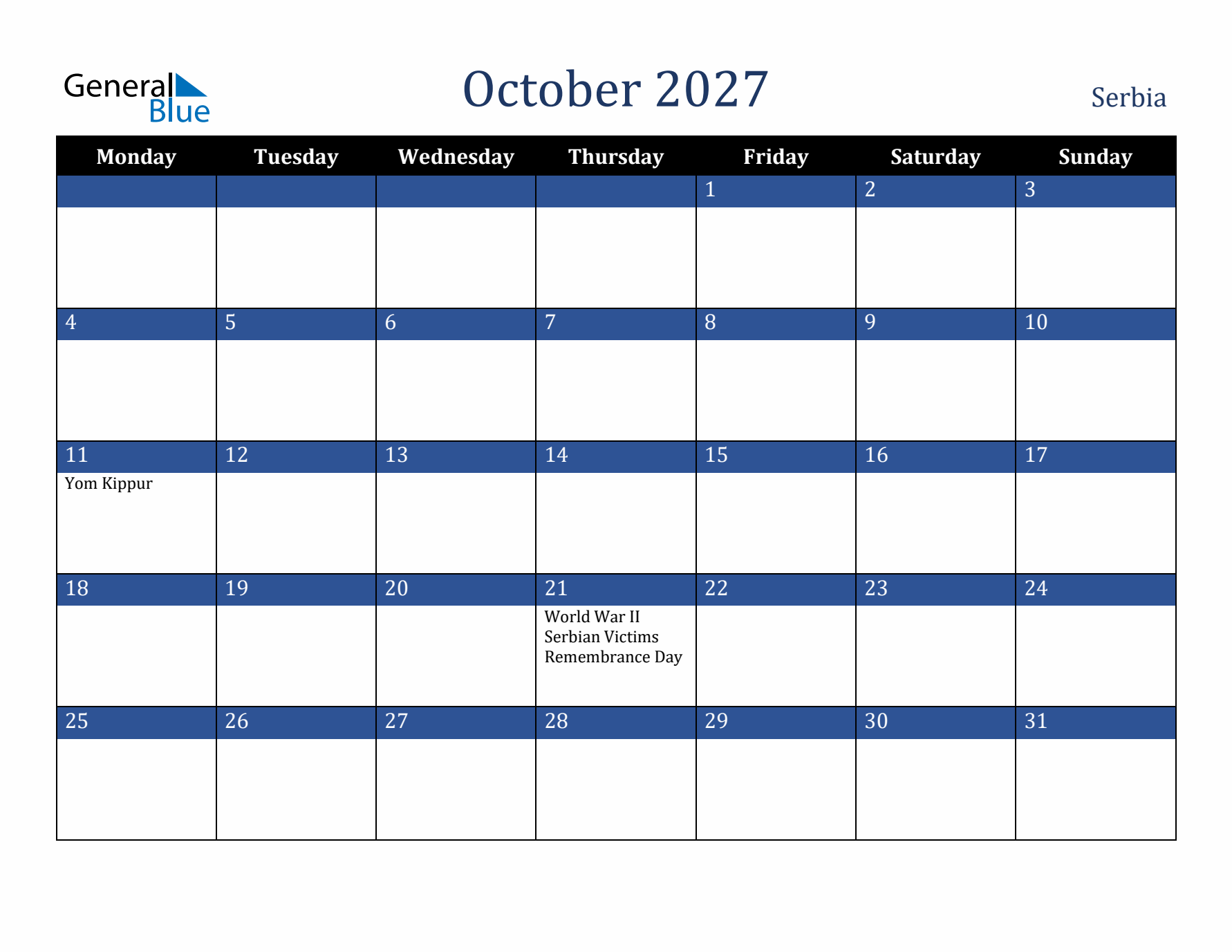 October 2027 Serbia Calendar (Monday Start)