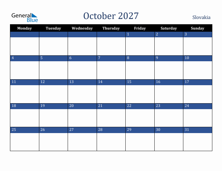 October 2027 Slovakia Calendar (Monday Start)