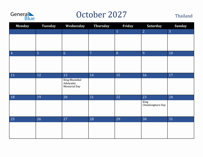 October 2027 Thailand Calendar (Monday Start)