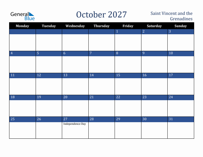 October 2027 Saint Vincent and the Grenadines Calendar (Monday Start)