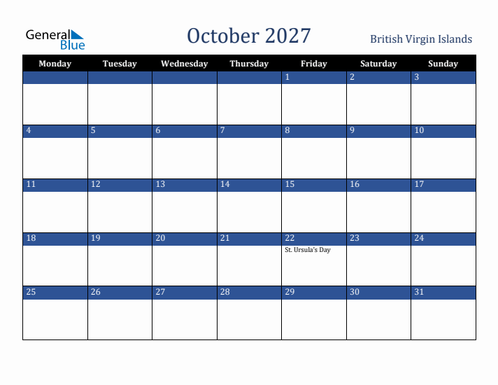 October 2027 British Virgin Islands Calendar (Monday Start)