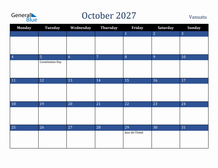 October 2027 Vanuatu Calendar (Monday Start)
