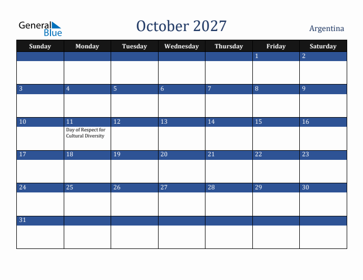 October 2027 Argentina Calendar (Sunday Start)