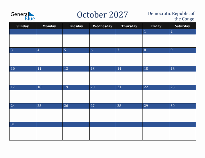 October 2027 Democratic Republic of the Congo Calendar (Sunday Start)