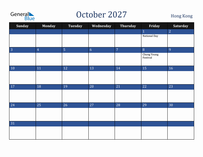 October 2027 Hong Kong Calendar (Sunday Start)