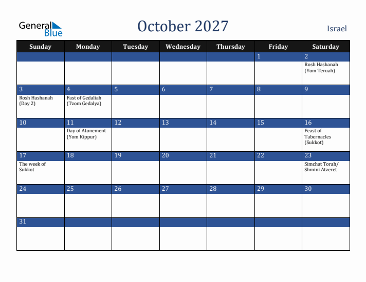 October 2027 Israel Calendar (Sunday Start)