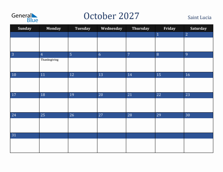 October 2027 Saint Lucia Calendar (Sunday Start)