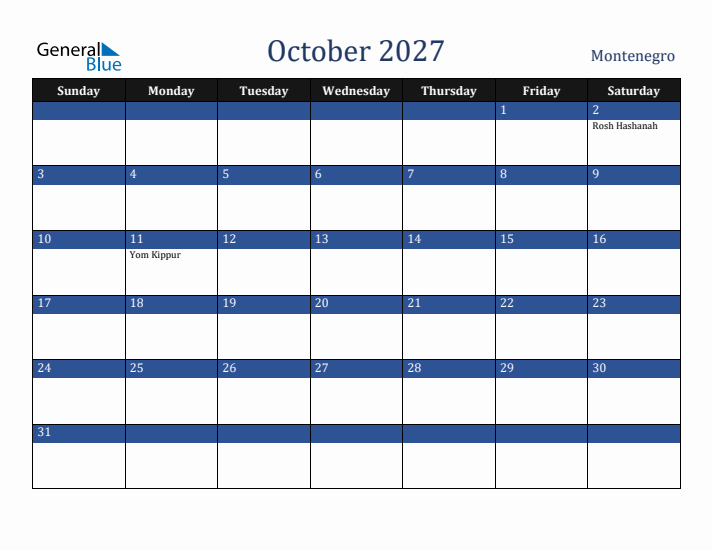 October 2027 Montenegro Calendar (Sunday Start)