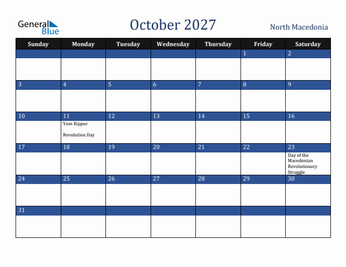 October 2027 North Macedonia Calendar (Sunday Start)